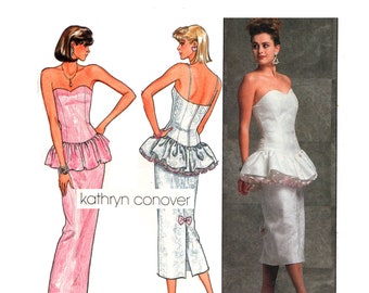 80s Strapless Dress Pattern uncut Kathryn Conover Peplum Dress 80s Wedding MultiSize 6-10 Bust 30.5-32.5 Prom Gown Butterick 4904