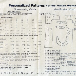 May include: A vintage dressmaking guide titled Personalized Patterns For the Mature Woman, featuring a detailed identification chart with pattern pieces labeled A through K, alongside a table of body measurements in inches and fabric requirements.
