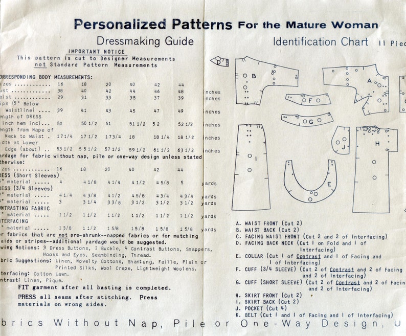 May include: A vintage dressmaking guide titled Personalized Patterns For the Mature Woman, featuring a detailed identification chart with pattern pieces labeled A through K, alongside a table of body measurements in inches and fabric requirements.