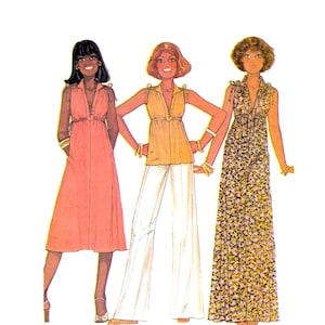 May include: Illustration of three women in vintage fashion. The woman on the left wears a peach-coloured dress. The centre woman is in a yellow top and white trousers. The woman on the right wears a floral print dress.