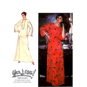 May include: An illustration and a photograph of dresses. The illustration shows a long, cream-colored dress with wide sleeves. The photograph shows a red dress with a butterfly pattern. The text "Yes I can! learn to sew" is also in the image.