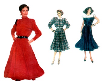 Turtleneck Dress Pattern uncut Belted 80s Dress with Yoke and Full Skirt Size 12 Bust 34 High Neck Tartan Dress Simplicity 7598