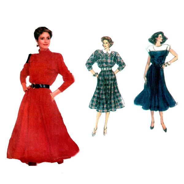 Turtleneck Dress Pattern uncut Belted 80s Dress with Yoke and Full Skirt Size 12 Bust 34 High Neck Tartan Dress Simplicity 7598