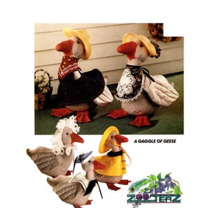 May include: A group of stuffed geese, each with a distinct outfit. Some are adorned with bonnets, hats, and aprons. One goose is dressed in a cowboy hat and bandana. The text "A Gaggle of Geese" is displayed.