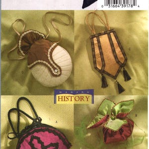 May include: Butterick sewing pattern B4411 for four distinct small bags. Design D is a round brown and cream pouch. Design C is a gold shield-shaped bag with tassels. Design A is a semi-circular magenta bag with black trim. Design B is a green and red pouch.