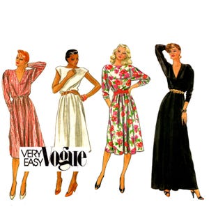 Vogue 80s Deep Vee Dress Pattern uncut Easy Pullover Dress MultiSize 8-10 Bust 31.5-32.5 Maxi Dress Vogue 8053