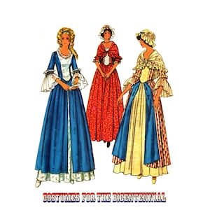 Può includere: Illustrazione di tre costumi storici nei colori blu, rosso e crema. I costumi presentano gonne lunghe, maniche a balze e cuffie. Il testo "COSTUMES FOR THE BICENTENNIAL" è nella parte inferiore dell'immagine.
