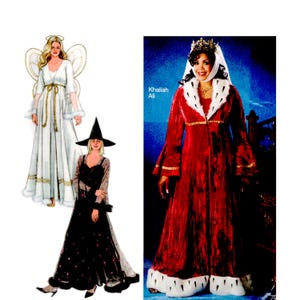 May include: Image of three costume patterns. One is a white angel dress with gold accents and wings. Another is a black witch dress with a pointed hat. The third is a red velvet queen dress with a white fur trim and a crown.