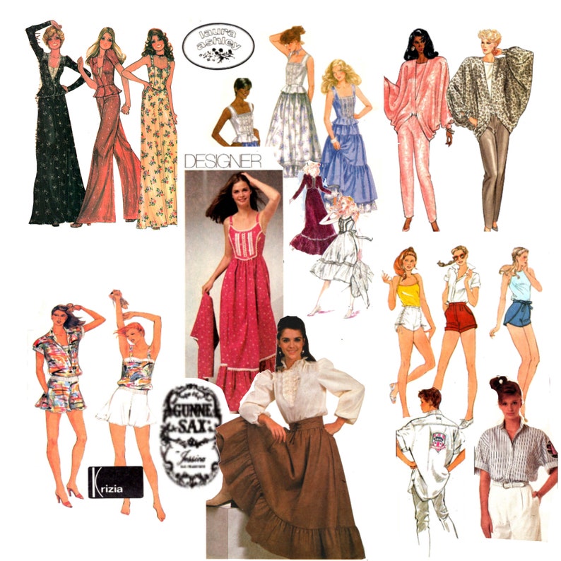 May include: A collage of fashion illustrations featuring various clothing styles including long dresses, blouses, skirts, and shorts. The images include brand logos for Laura Ashley, Gunne Sax, and Krizia, showcasing diverse patterns, colors, and silhouettes.