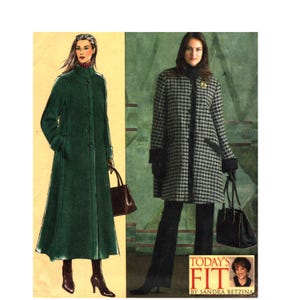 May include: A sewing pattern envelope featuring a long, solid dark green coat and a mid-length black and white houndstooth coat with black trim. The text on the cover reads Today's Fit by Sandra Betzina, accompanied by a small portrait.