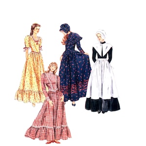 May include: An illustration of four dresses in a vintage style. One is yellow with red bows, another is navy blue with floral patterns, a third is red plaid, and the last is black and white. The dresses have long sleeves and full skirts, suggesting a historical theme.