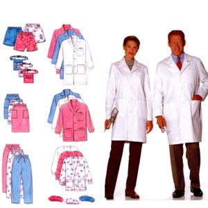 May include: An assortment of medical scrubs and lab coats in various colors. The image includes white lab coats, pink, blue, and white patterned scrubs, and matching shorts, skirts, and pants. Two people are wearing white lab coats.