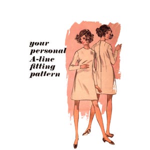 May include: A vintage-style illustration of two figures wearing long-sleeved A-line dresses against a peach-colored watercolor background. The text "your personal A-line fitting pattern" is printed in black on the left side of the image.