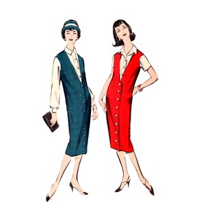 May include: Two women wearing sleeveless dresses with button closures. The dress on the left is teal blue and the dress on the right is red.