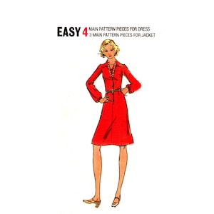 May include: A sewing pattern illustration featuring a red long-sleeved dress with a collar, buttons, and a thin belt. The text reads: EASY 4 MAIN PATTERN PIECES FOR DRESS 3 MAIN PATTERN PIECES FOR JACKET. The design shows a knee-length silhouette.