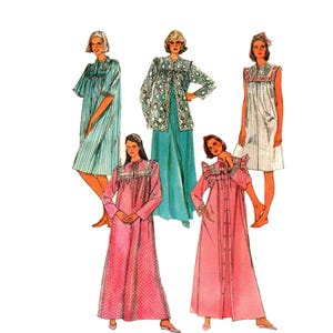 May include: Illustration of five vintage nightgowns and robes in various styles. The garments include a striped blue nightgown, a floral jacket and teal skirt, a white and pink checked nightgown, and two pink dotted robes. The image is on a white background.