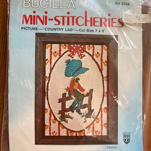 Bucilla Cottagecore Crewel Kit NIP  5 x 7 Inches MCM 70s Crewel Embroidery Kit Nursery Decor Country Lad Bucilla 2022 Quick and Easy