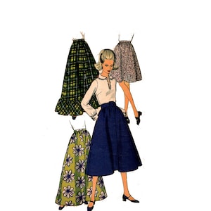 May include: A vintage illustration of three skirts. The skirt on the left is green and black plaid, the middle skirt is blue, and the skirt on the right is floral.