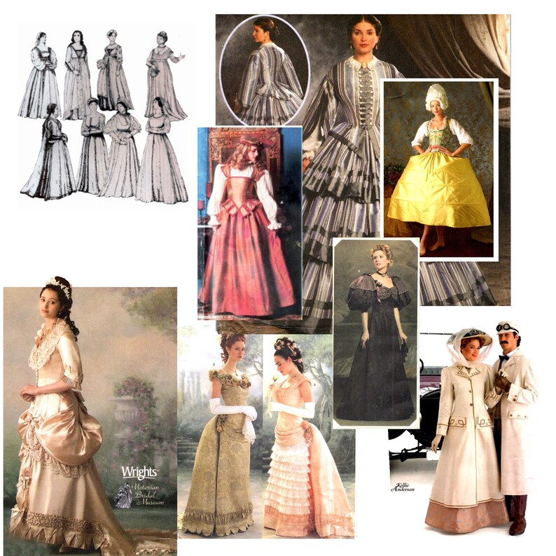May include: A collection of historical sewing patterns featuring various dress styles, including gowns with tiered skirts, bodices, puffed sleeves, and structured coats. The images display diverse silhouettes, fabric textures, and period-inspired garment designs.