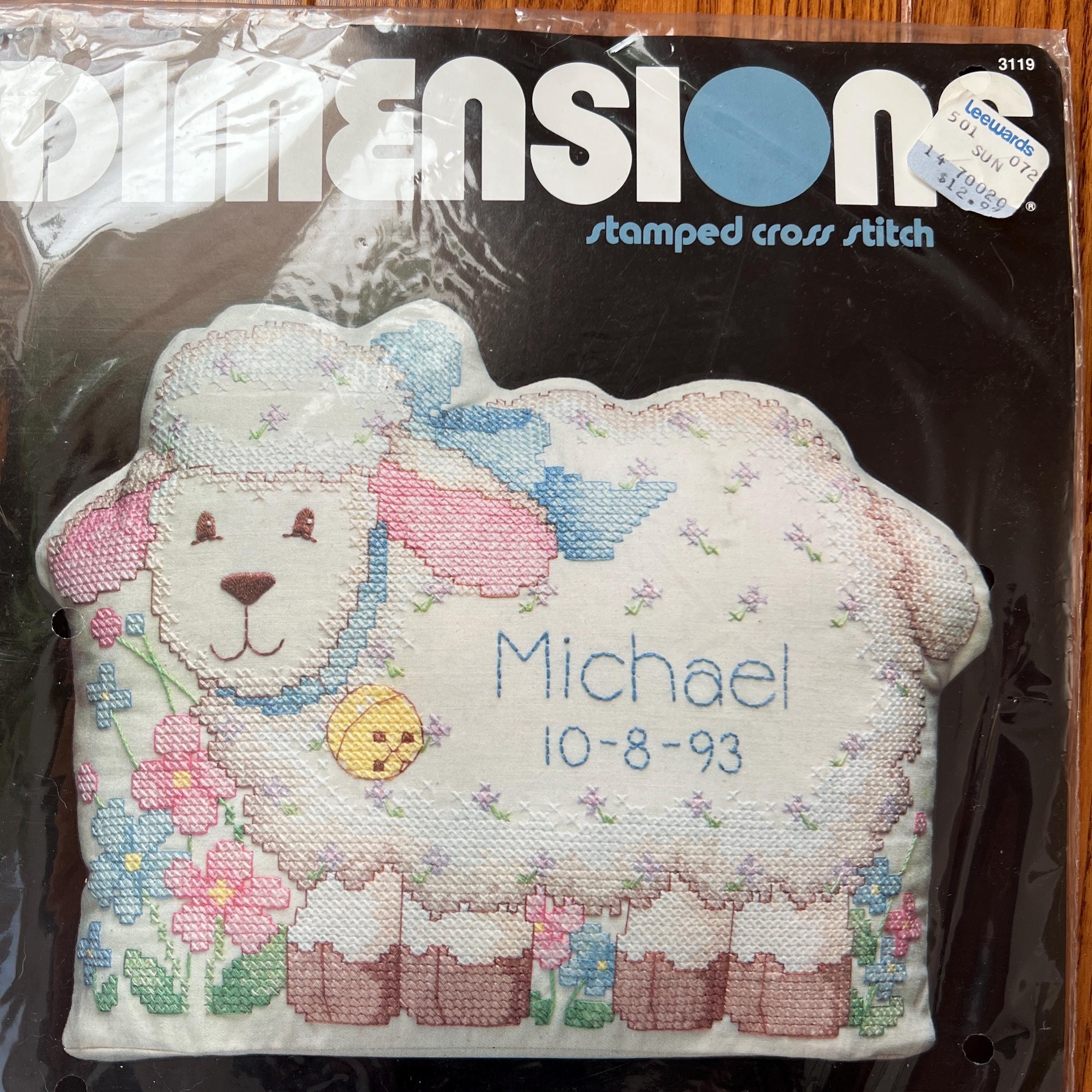 Little Lamb Stamped Cross Stitch Kit NIP 34 x 43 90s Baby Gift Birth Record Pillow by Barbara Mock 11 1/4 x 8 3/4 Dimensions 3119