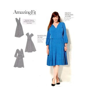 May include: A sewing pattern for a blue dress from the Amazing Fit collection. The image displays a blue dress with a V-neckline, three-quarter sleeves, and a waistline seam. Text labels indicate front princess seams and separate patterns for B, C, D, and DD cup sizes.