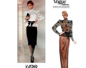 Vogue Dress with Lace Overblouse Pattern Kaspar 80s American Designer Gown Romantic Blouse Size 10 Bust 32.5 or Size 8 Bust 31.5 Vogue 1189