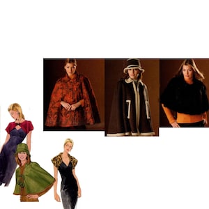 Peut inclure: Image présentant différentes capes de couleurs et de styles variés. On distingue une cape rouge à motifs, une cape marron foncé avec des bordures blanches et une cape noire. Une cape verte avec un chapeau et un boléro rouge sont également visibles.