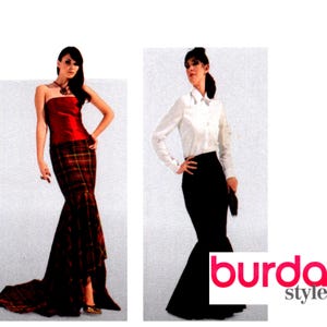 May include: A two-piece outfit featuring a strapless red satin top paired with a floor-length plaid skirt, and a second outfit consisting of a white long-sleeved button-down shirt paired with a solid black floor-length skirt with the text burda style.