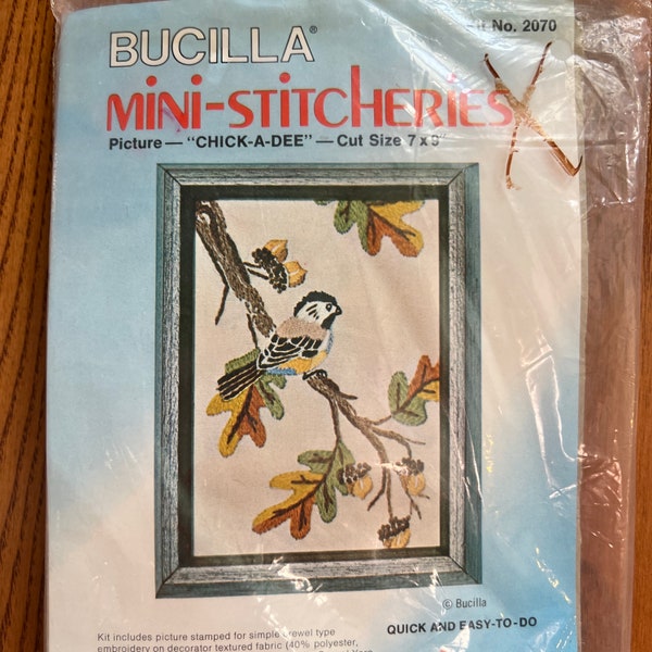 Bucilla Bird Crewel Kit NIP  5 x 7 Inches MCM 70s Crewel Embroidery Kit Kitchen Decor Chick-A-Dee Bucilla 2070 Quick and Easy