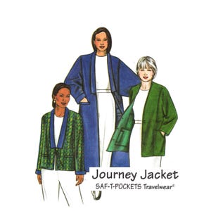 May include: A sewing pattern illustration for the Journey Jacket by SAF-T-POCKETS Travelwear. The image displays three jacket variations: a green patterned jacket, a long blue coat, and a solid green jacket, all worn over white tops and pants.