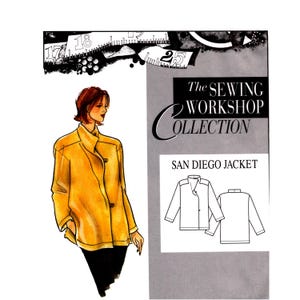 May include: A sewing pattern for a San Diego Jacket from The Sewing Workshop Collection. The illustration shows a yellow jacket with a high collar and button closure. A line drawing displays the front and back views of the jacket design.