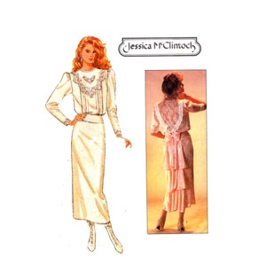 Jessica McClintock Dress Pattern uncut 80s Country Wedding Size 12 Bust 34 Victorian Style Dress Lace Back Simplicity 8224