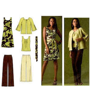 Pode incluir: Uma variedade de padrões de roupa feminina. Os padrões incluem um vestido sem mangas, um casaco, uma regata, calças de perna larga e um cinto a condizer. O vestido e o cinto apresentam um padrão abstrato castanho e verde. O casaco e a regata são de cor verde claro.