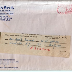 May include: A vintage white paper mailing envelope from This Week Magazine Personalized Patterns, featuring blue printed text, a red postage stamp mark, and a cream-colored order form with handwritten name and address details in blue ink.