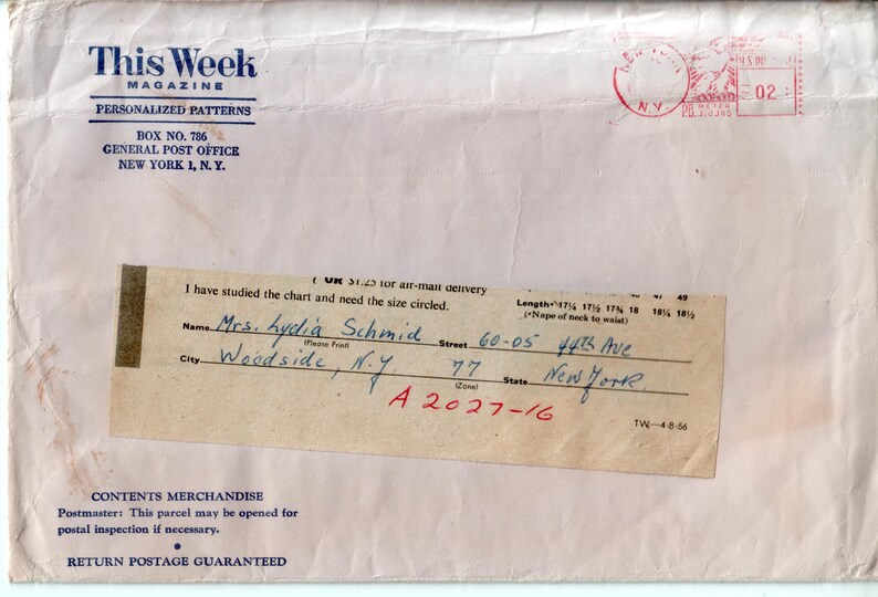 May include: A vintage white paper mailing envelope from This Week Magazine Personalized Patterns, featuring blue printed text, a red postage stamp mark, and a cream-colored order form with handwritten name and address details in blue ink.