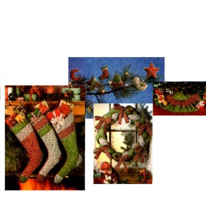 May include: Three green and red Christmas stockings with white trim, a green and red wreath with a red bow, a green and red tree skirt, and a green pine branch with red and white Christmas ornaments.