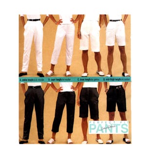May include: A fashion illustration showcasing various styles of pants. The image displays four different lengths of white pants and four lengths of black pants. The styles include ankle-length, capri, knee-length, and mid-thigh shorts. The text "PERFECT FIT PANTS" is visible.