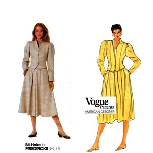 May include: A sewing pattern envelope featuring a two-piece outfit with a light-colored jacket and a matching midi-length skirt. The design includes a stand-up collar, puffed shoulders, and long sleeves. Text includes Vogue Patterns, American Designer, and Bill Haire for Friedricks Sport.