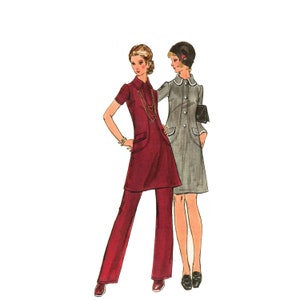 May include: Two women's fashion illustrations. The woman on the left is wearing a burgundy dress with a matching pair of pants. The woman on the right is wearing a gray dress with a black hat.