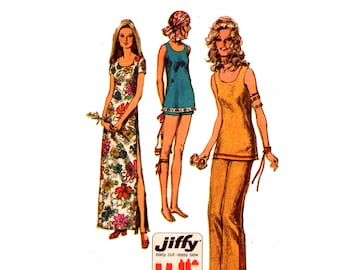 70s Jiffy Maxi Dress Pattern uncut Tunic or Mini Dress Size 12 Bust 34 Pants or Shorts Boho Festival Wear Simplicity 9362