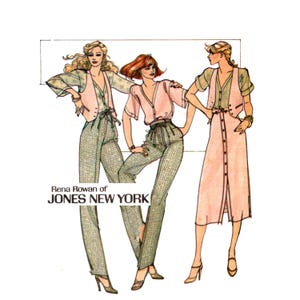 May include: A fashion illustration featuring three figures wearing clothing by Rena Rowan of Jones New York. The outfits include light pink vests, button-down shirts, high-waisted plaid trousers with tie waists, and a button-front midi skirt in light pink.