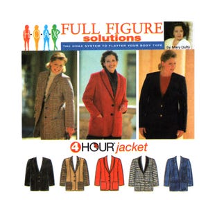 May include: A sewing pattern cover titled Full Figure Solutions by Mary Duffy featuring three photographs of individuals wearing blazers in plaid, red, and black. Below, five illustrations show variations of the 4 Hour jacket pattern.