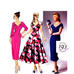 May include: Illustration of three dresses in different styles. The first is a bright pink, knee-length dress with a peplum. The second is a black dress with red and white floral accents. The third is a navy blue, knee-length dress. The image includes the text "1863-2013 150th Anniversary."