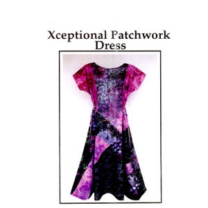 May include: A patchwork dress with a vibrant mix of purple, black, and pink hues. The dress features a unique design with short sleeves and a flowing skirt. The text "Xceptional Patchwork Dress" is displayed at the top.