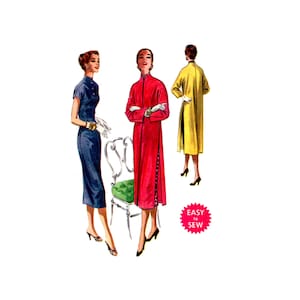 Puede incluir: Una ilustración de patrón de costura con tres prendas: un vestido tubo azul oscuro, un abrigo largo rojo con cremallera frontal y un abrigo amarillo de manga larga. Incluye una silla blanca y una etiqueta rosa con el texto EASY to SEW.