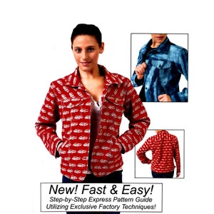 May include: A red jacket with a white car pattern is displayed. The jacket features a button-up front, pockets, and a collar. The image also includes a denim jacket and a rear view of the red jacket. Text at the bottom reads "New! Fast & Easy!"