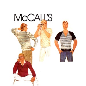 May include: Vintage McCall's sewing pattern featuring illustrations of men's fashion. The image showcases various outfits, including striped shirts, a V-neck sweater, and a t-shirt. The text "McCALL'S" is displayed at the top.