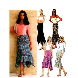 May include: A woman wearing a blue floral print skirt with a unique asymmetrical hemline, paired with a pink top and a light pink cardigan. The image also shows illustrations of similar skirt designs in various colors and patterns.