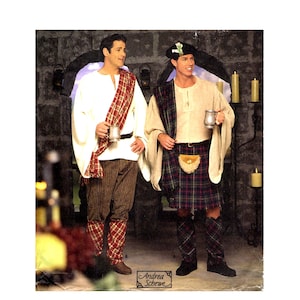 May include: Two men in traditional Scottish attire. One wears a white tunic, brown striped pants, and a red plaid sash. The other dons a beige tunic, a kilt with a matching plaid pattern, and a black hat. Both hold metal tankards.