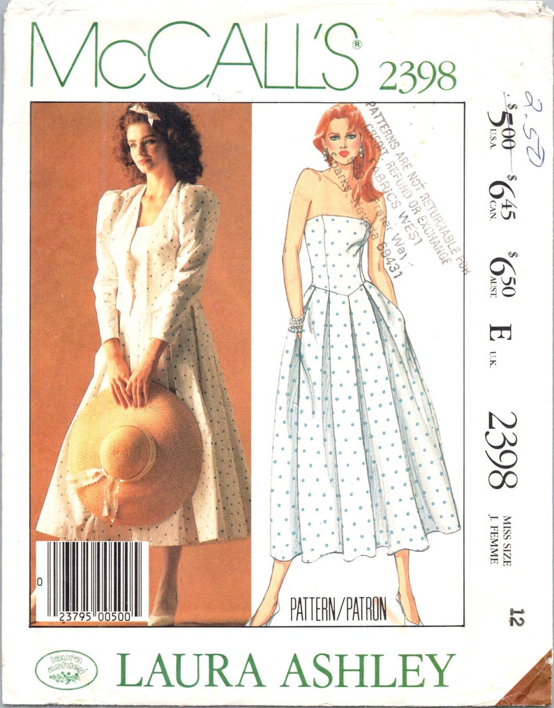 Laura Ashley Dress Pattern uncut Strapless Dress and Bolero Dress Size 12 Bust 34 Puff Sleeves Modest Dress McCalls 2398 image 4